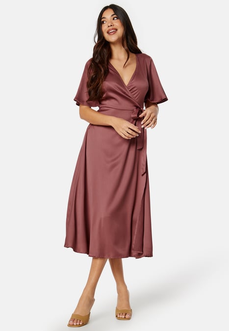 Bubbleroom Occasion Butterfly Sleeve Wrap Satin Midi Dress
