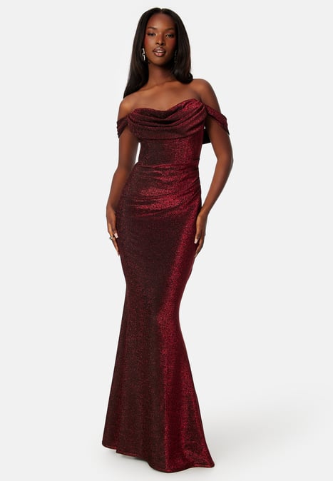 Goddiva Glitter Off Shoulder Maxi Dress