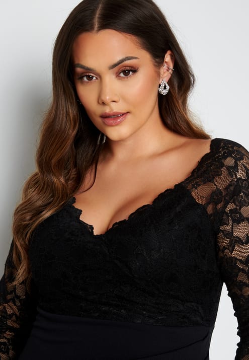 Goddiva Curve Long Sleeve Lace Trim Maxi Dress