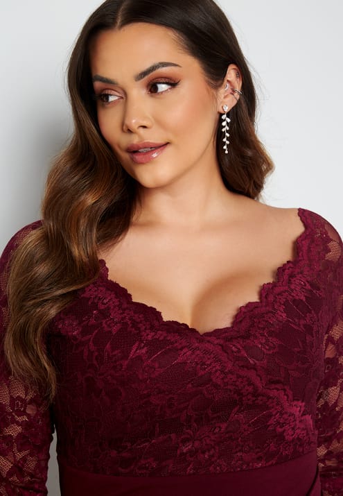Goddiva Curve Long Sleeve Lace Trim Maxi Dress