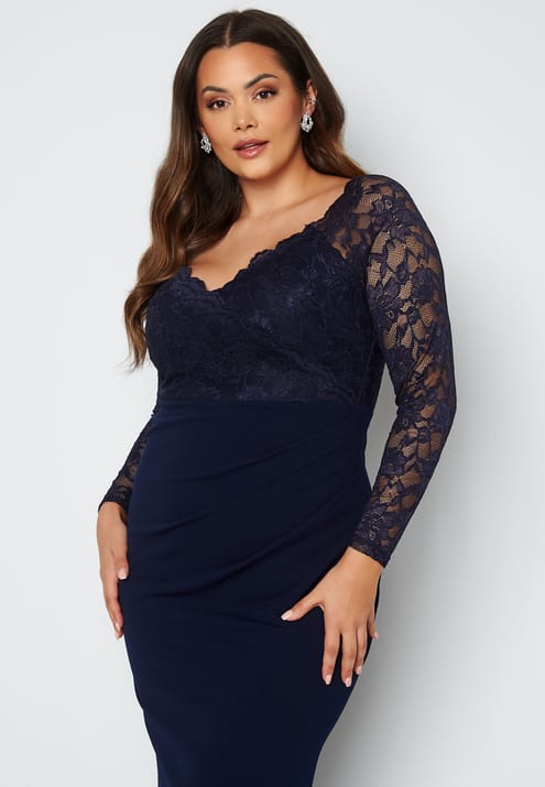 Goddiva Curve Long Sleeve Lace Trim Maxi Dress