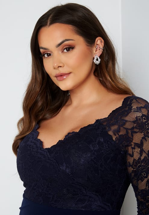Goddiva Curve Long Sleeve Lace Trim Maxi Dress