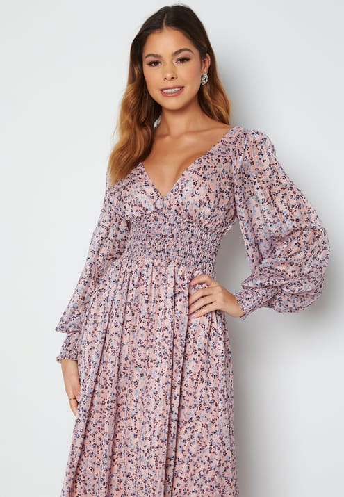Goddiva Ditsy Long Sleeve Shirred Midi Dress