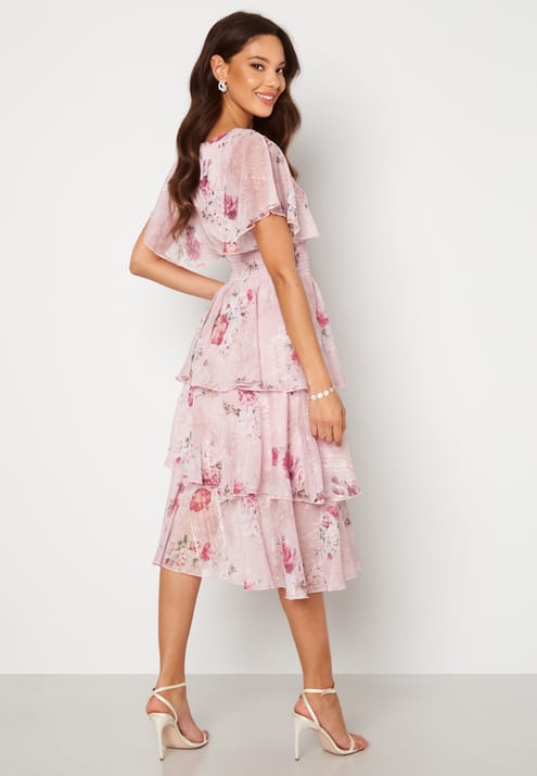Goddiva Floral Flutter Tiered Midi Dress