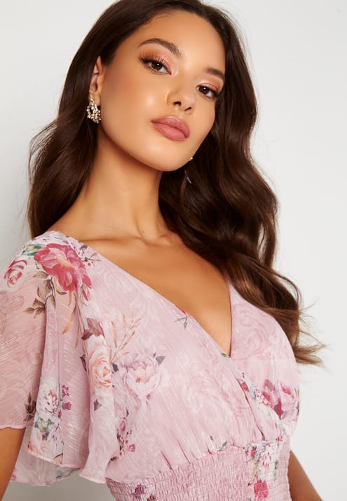 Goddiva Floral Flutter Tiered Midi Dress