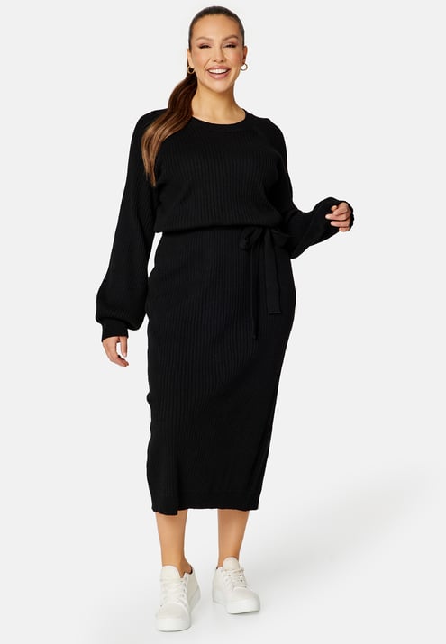 BUBBLEROOM Round Neck Rib Knitted Midi Dress
