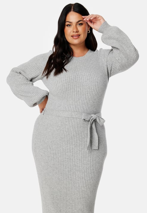 BUBBLEROOM Round Neck Rib Knitted Midi Dress 