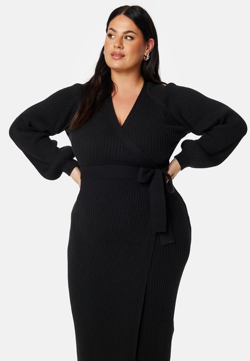 BUBBLEROOM Wrap Rib Knitted Midi Dress 