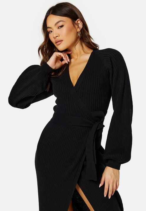 BUBBLEROOM Wrap Rib Knitted Midi Dress 