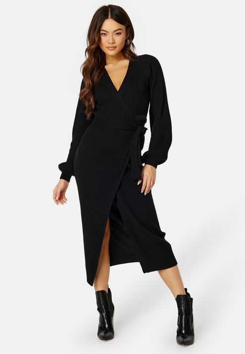 BUBBLEROOM Wrap Rib Knitted Midi Dress 
