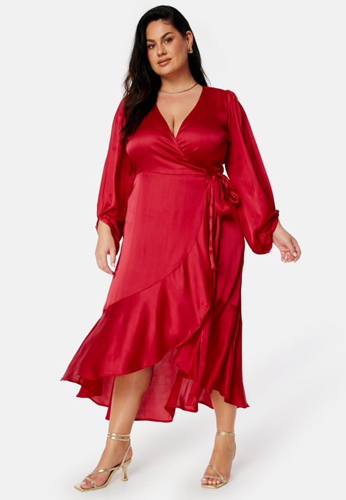 Bubbleroom Occasion Wrap Frill L/S Satin Dress