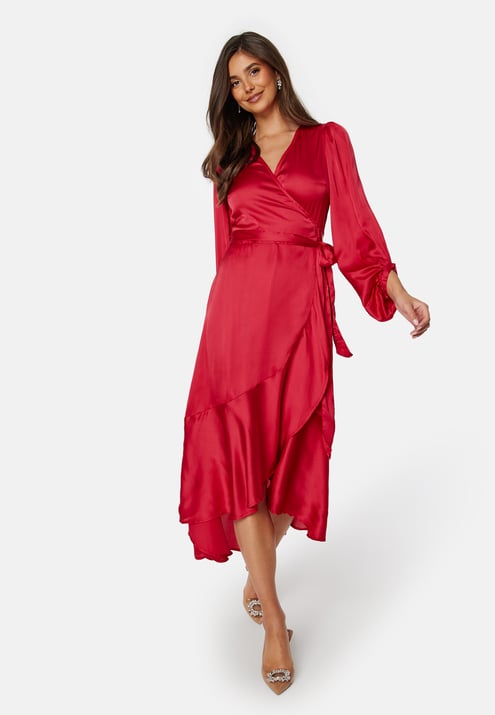 Bubbleroom Occasion Wrap Frill L/S Satin Dress