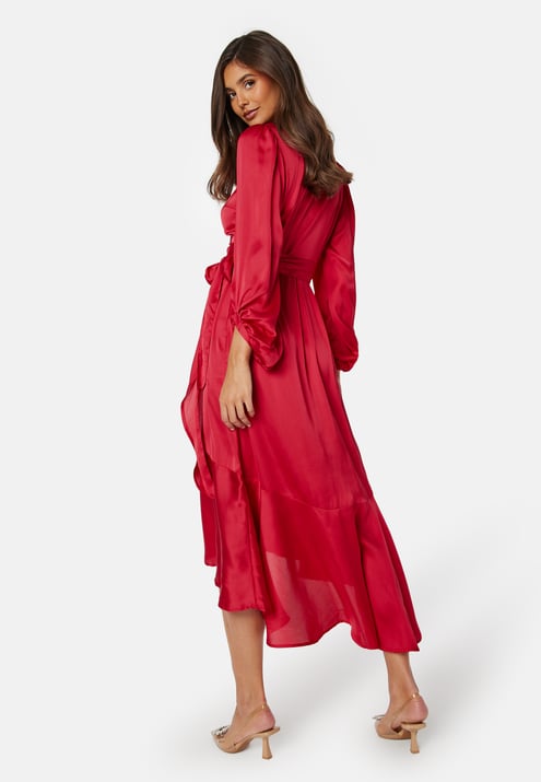 Bubbleroom Occasion Wrap Frill L/S Satin Dress