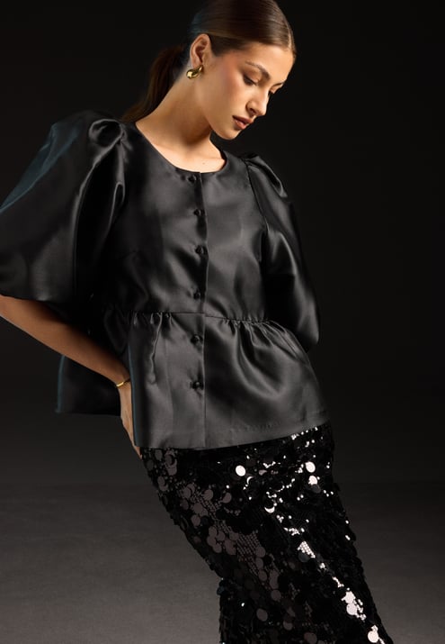 Bubbleroom Occasion Puff Sleeve Peplum Satin Blouse