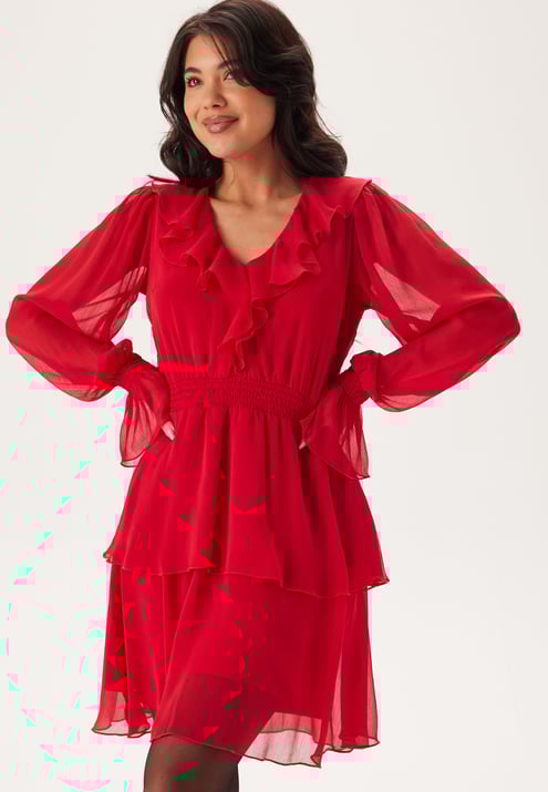 BUBBLEROOM V-neck Frill L/S Chiffon Dress