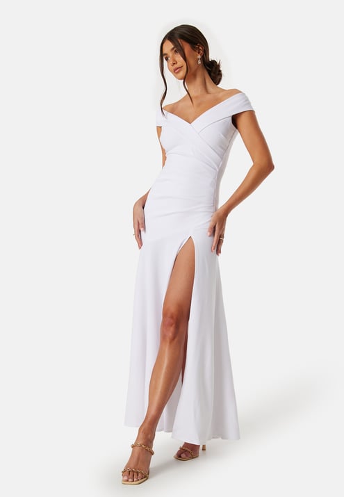 Goddiva Bardot Pleat Maxi Split Dress