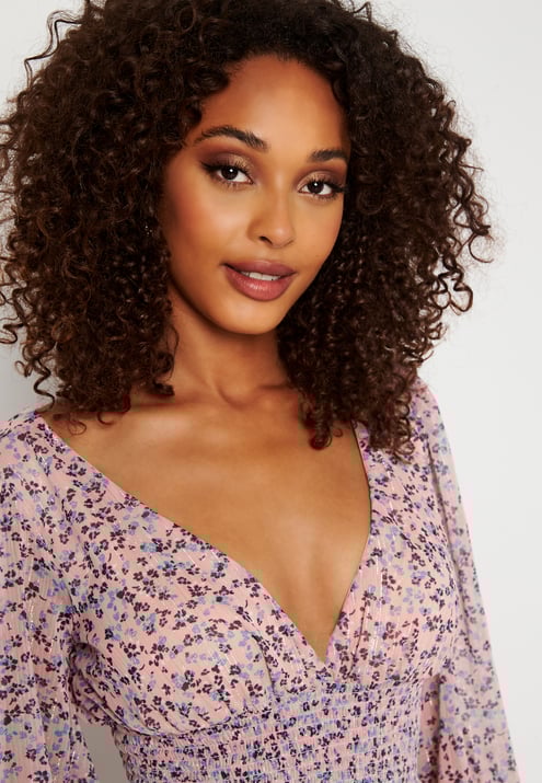 Goddiva Ditsy Long Sleeve Shirred Maxi Dress