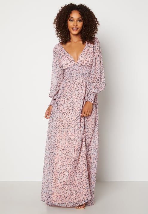 Goddiva Ditsy Long Sleeve Shirred Maxi Dress