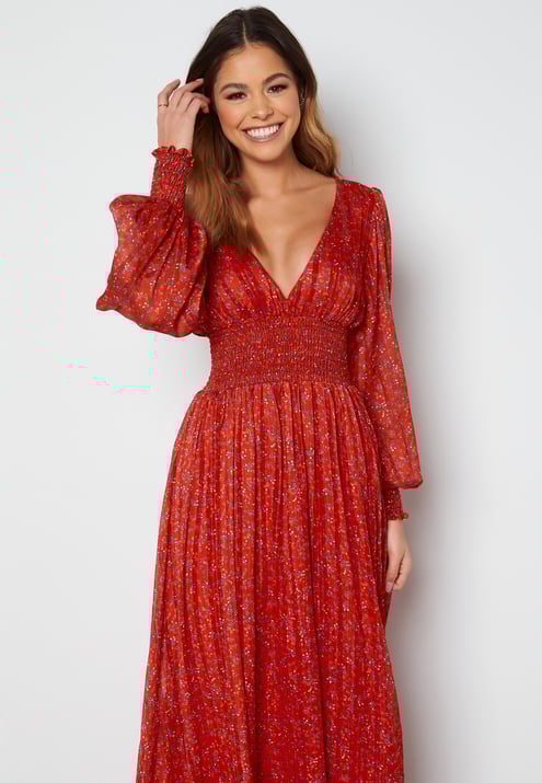 Goddiva Ditsy Long Sleeve Shirred Maxi Dress