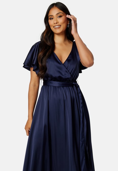 Goddiva Flutter Sleeve Satin Maxi Dress