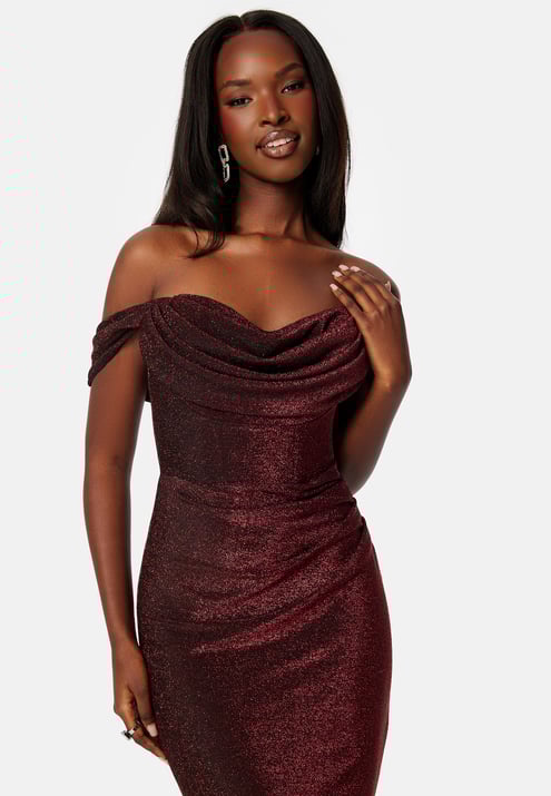 Goddiva Glitter Off Shoulder Maxi Dress