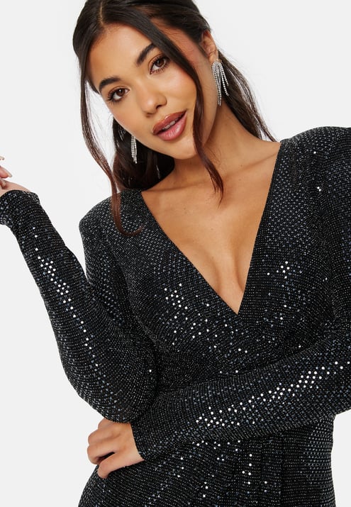 Goddiva Long Sleeve Sequin Maxi Dress With Split