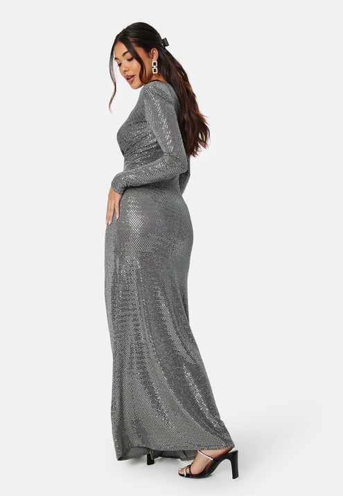 Goddiva Long Sleeve Sequin Maxi Dress With Split