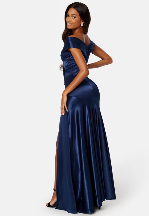 Goddiva Satin Bardot Pleat Maxi With Split