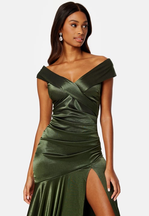 Goddiva Satin Bardot Pleat Maxi With Split