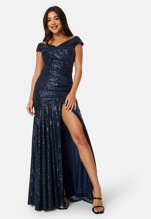 Goddiva Sequin Bardot Pleat Maxi With Split