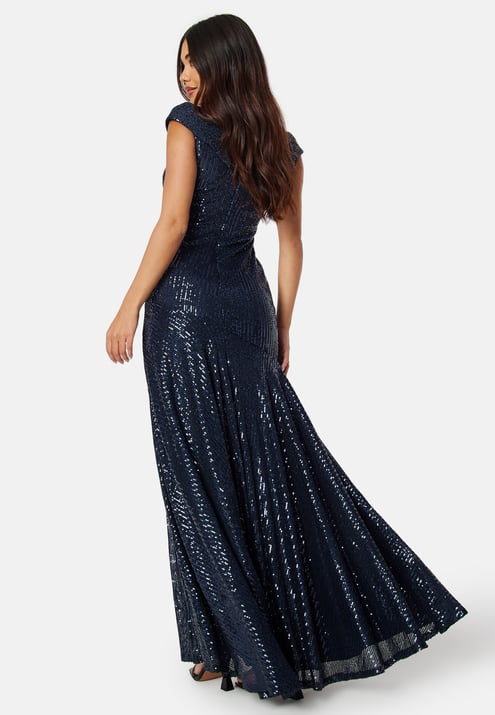 Goddiva Sequin Bardot Pleat Maxi With Split