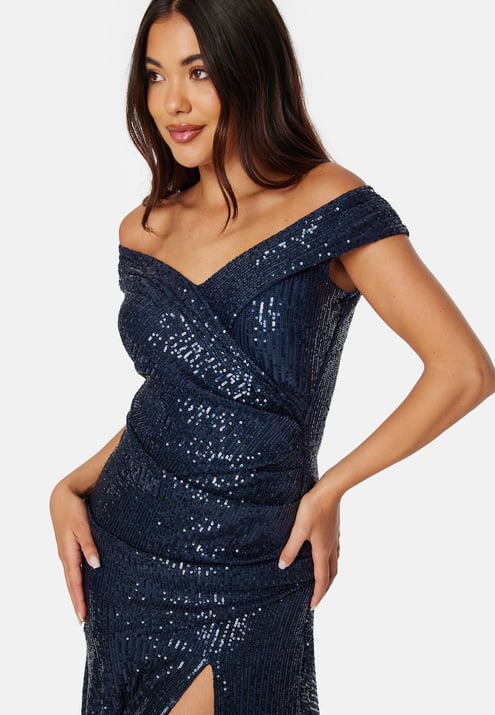 Goddiva Sequin Bardot Pleat Maxi With Split