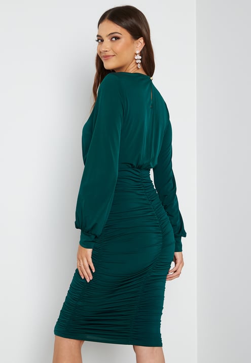 John Zack Long Sleeve Rouched Midi Dress