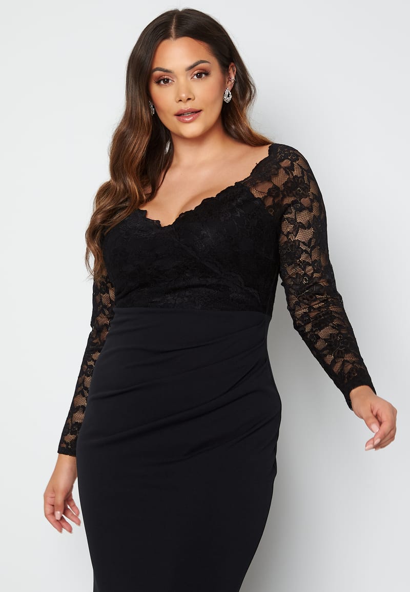 Goddiva Curve Long Sleeve Lace Trim Maxi Dress