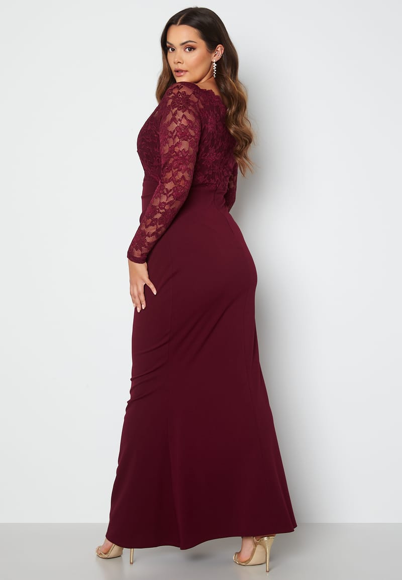 Goddiva Curve Long Sleeve Lace Trim Maxi Dress