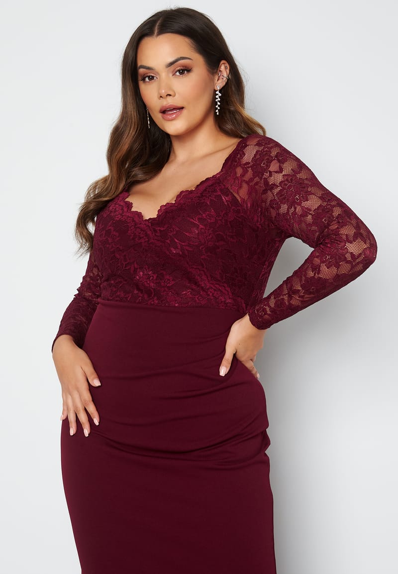 Goddiva Curve Long Sleeve Lace Trim Maxi Dress