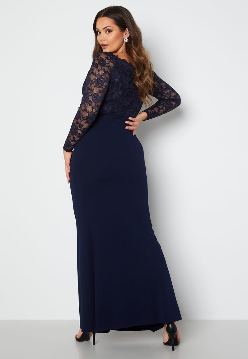 Goddiva Curve Long Sleeve Lace Trim Maxi Dress