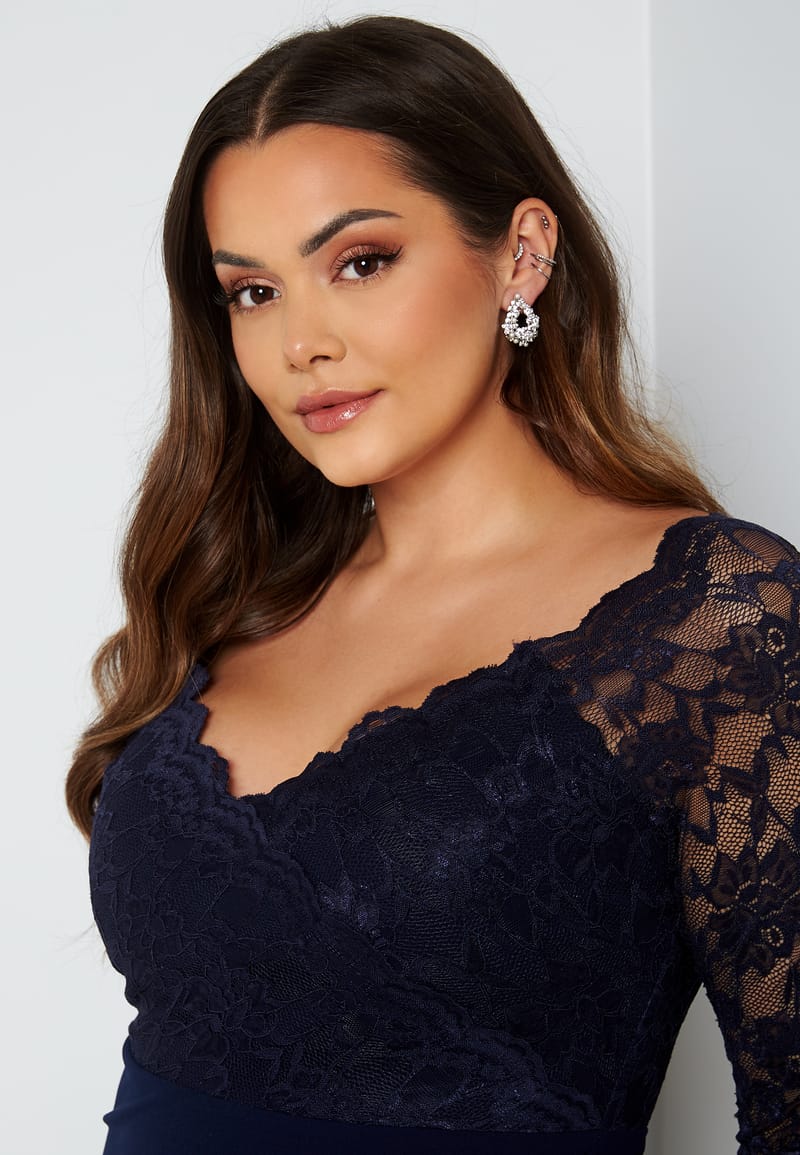 Goddiva Curve Long Sleeve Lace Trim Maxi Dress