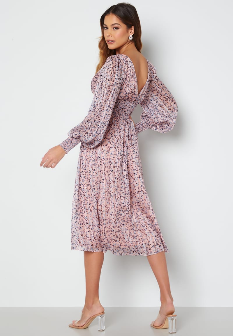 Goddiva Ditsy Long Sleeve Shirred Midi Dress