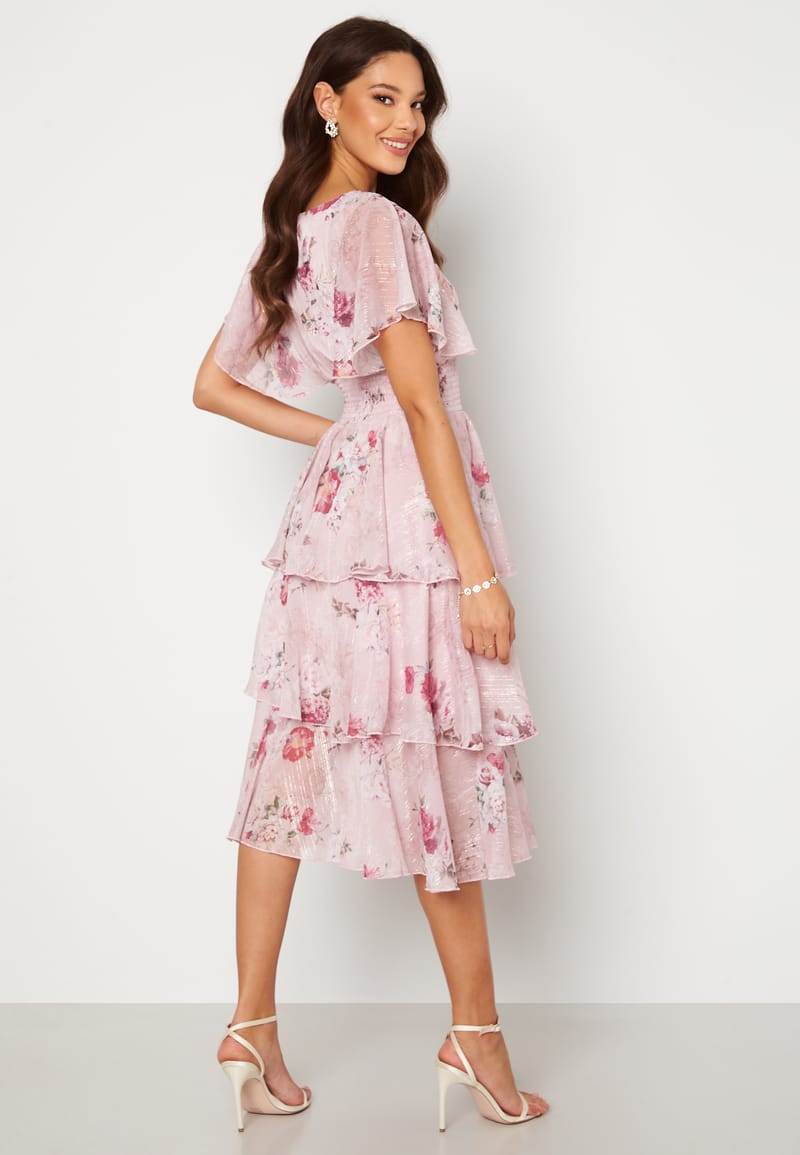 Goddiva Floral Flutter Tiered Midi Dress