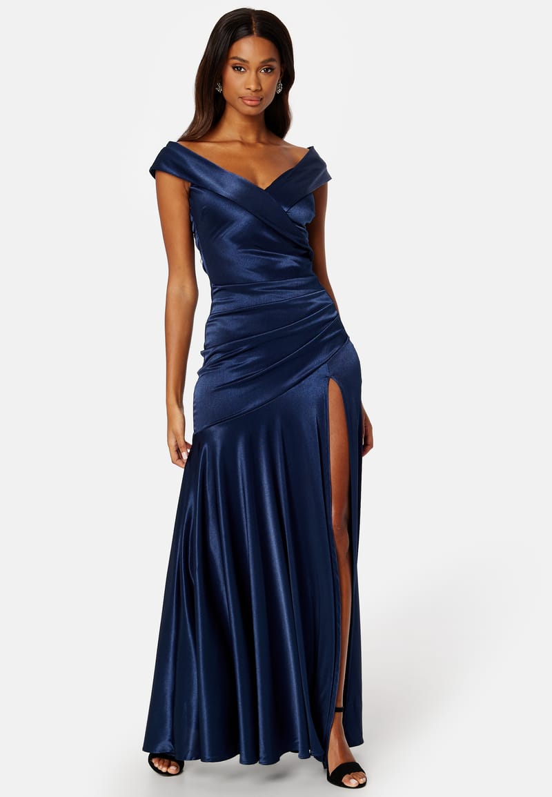 Goddiva Satin Bardot Pleat Maxi With Split