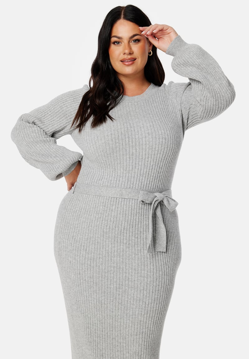 BUBBLEROOM Round Neck Rib Knitted Midi Dress 