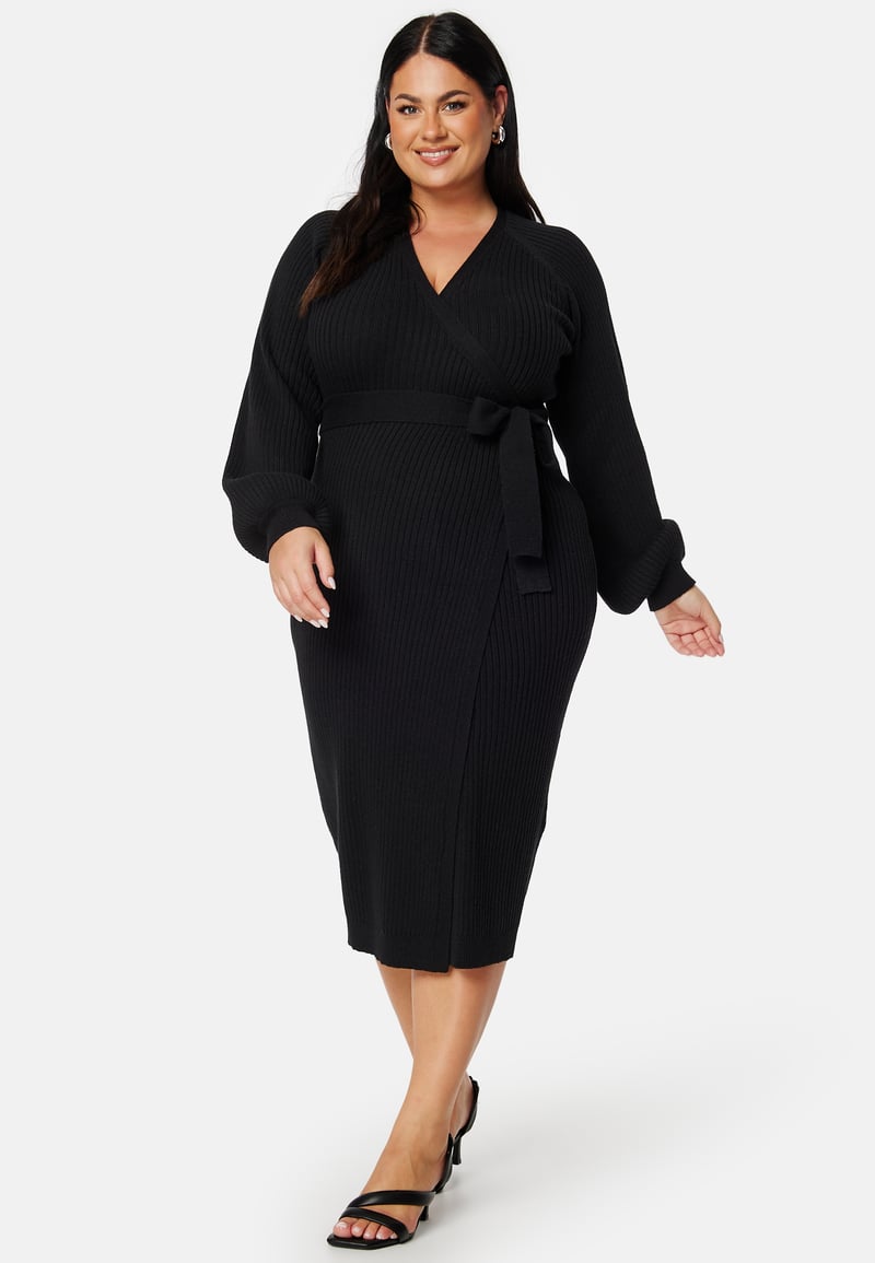 BUBBLEROOM Wrap Rib Knitted Midi Dress 