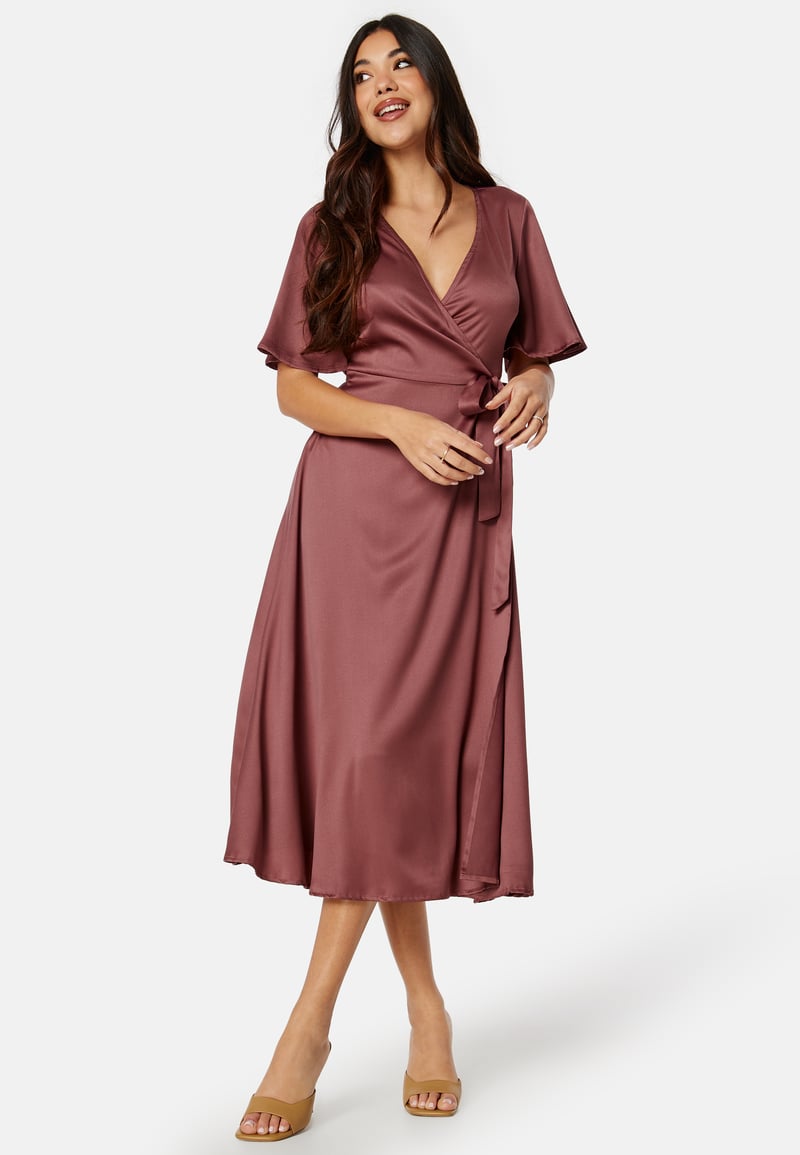 Bubbleroom Occasion Butterfly Sleeve Wrap Satin Midi Dress