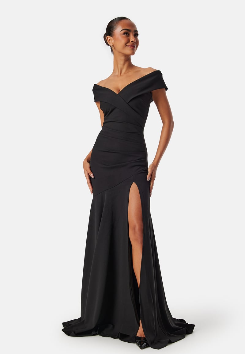 Goddiva Bardot Pleat Maxi Split Dress