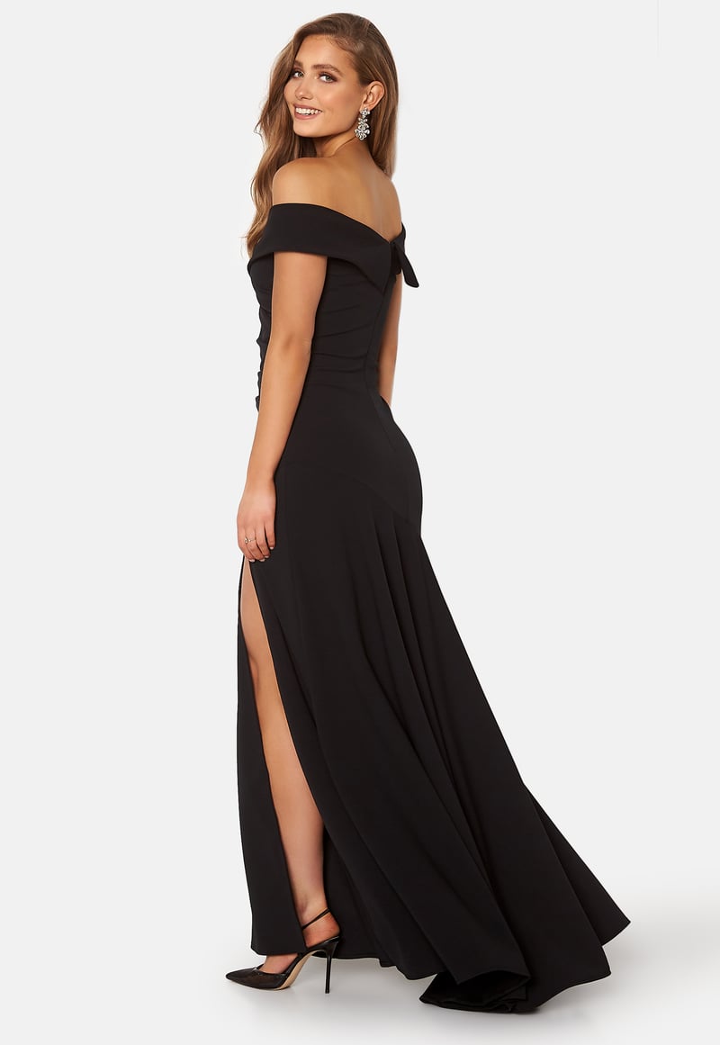 Goddiva Bardot Pleat Maxi Split Dress