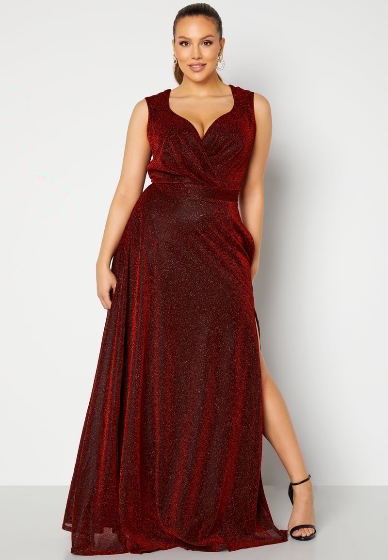 Goddiva Curve Glitter Wrap Front Maxi Curve Dress With Split
