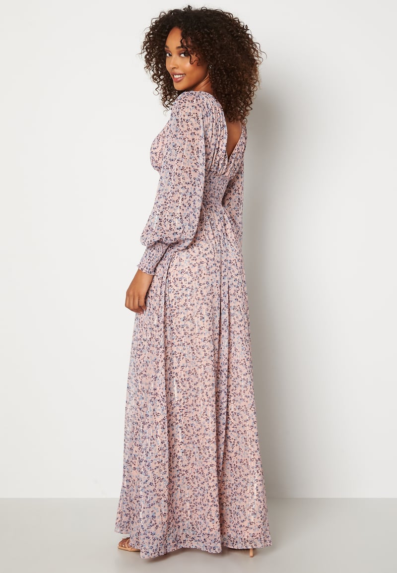 Goddiva Ditsy Long Sleeve Shirred Maxi Dress