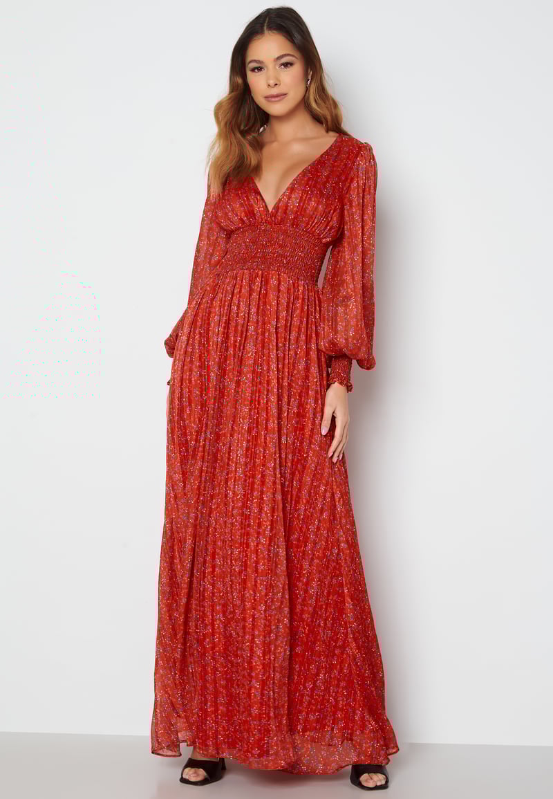 Goddiva Ditsy Long Sleeve Shirred Maxi Dress
