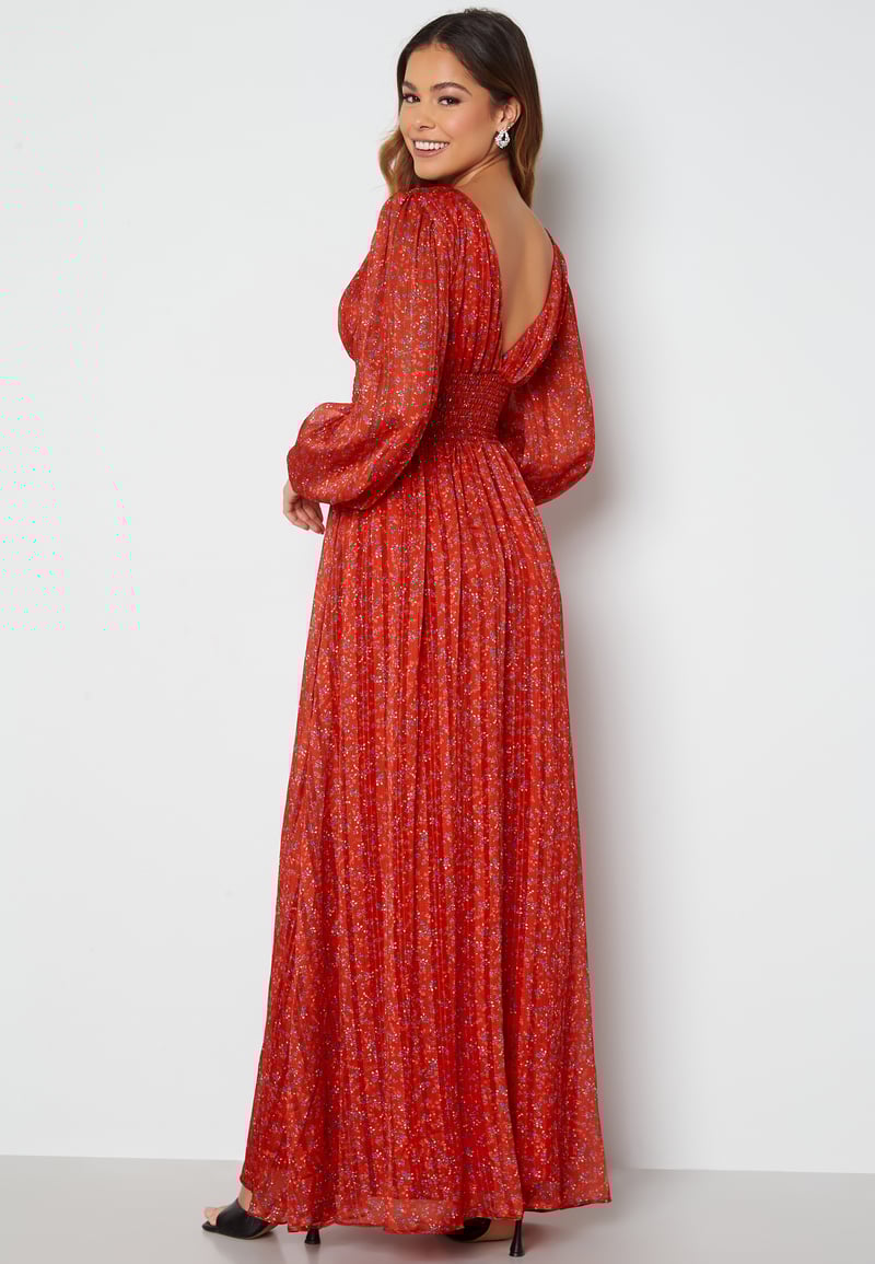 Goddiva Ditsy Long Sleeve Shirred Maxi Dress